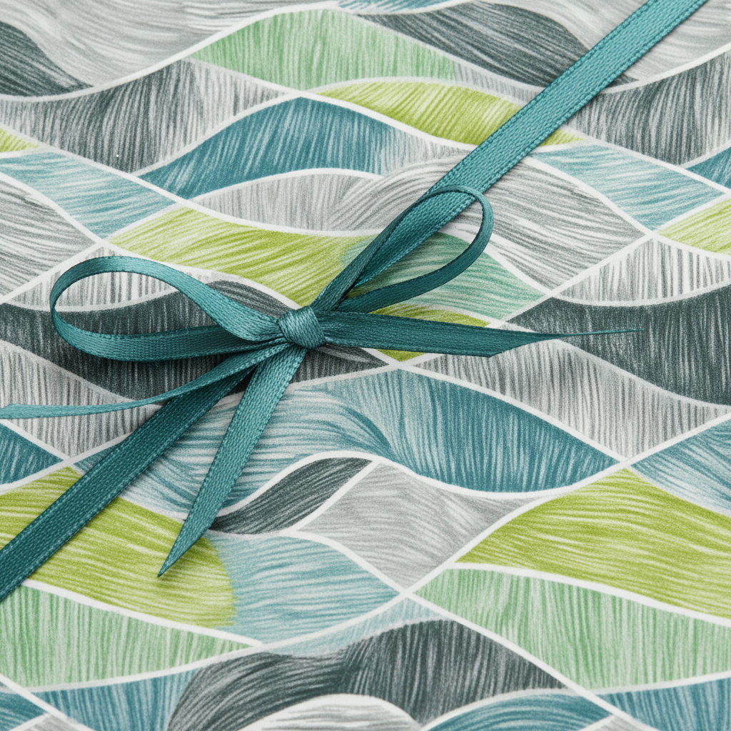 Modern geometric wrapping paper in teal, lime green, and grey, tied with a teal ribbon bow, perfect for a contemporary gift.