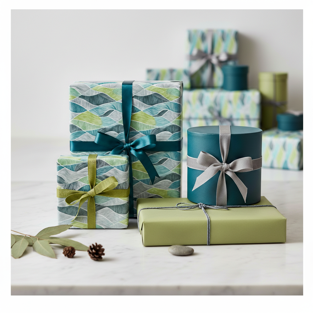 Modern abstract wave wrapping paper in teal, green, and gray, tied with satin and string, for elegant gifts or a stylish birthday.