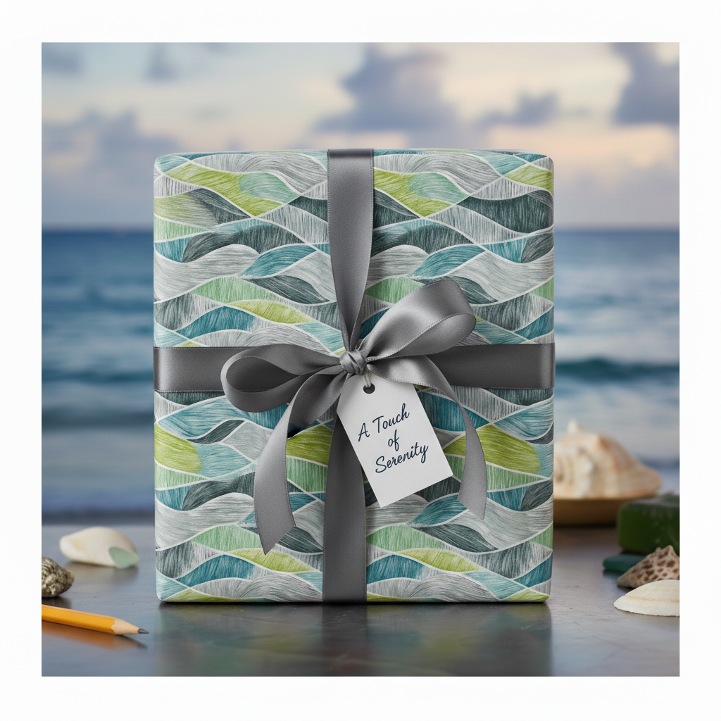 Modern waves wrapping paper in blues and greens with a grey ribbon and "A Touch of Serenity" tag, perfect for beach-themed gifts.