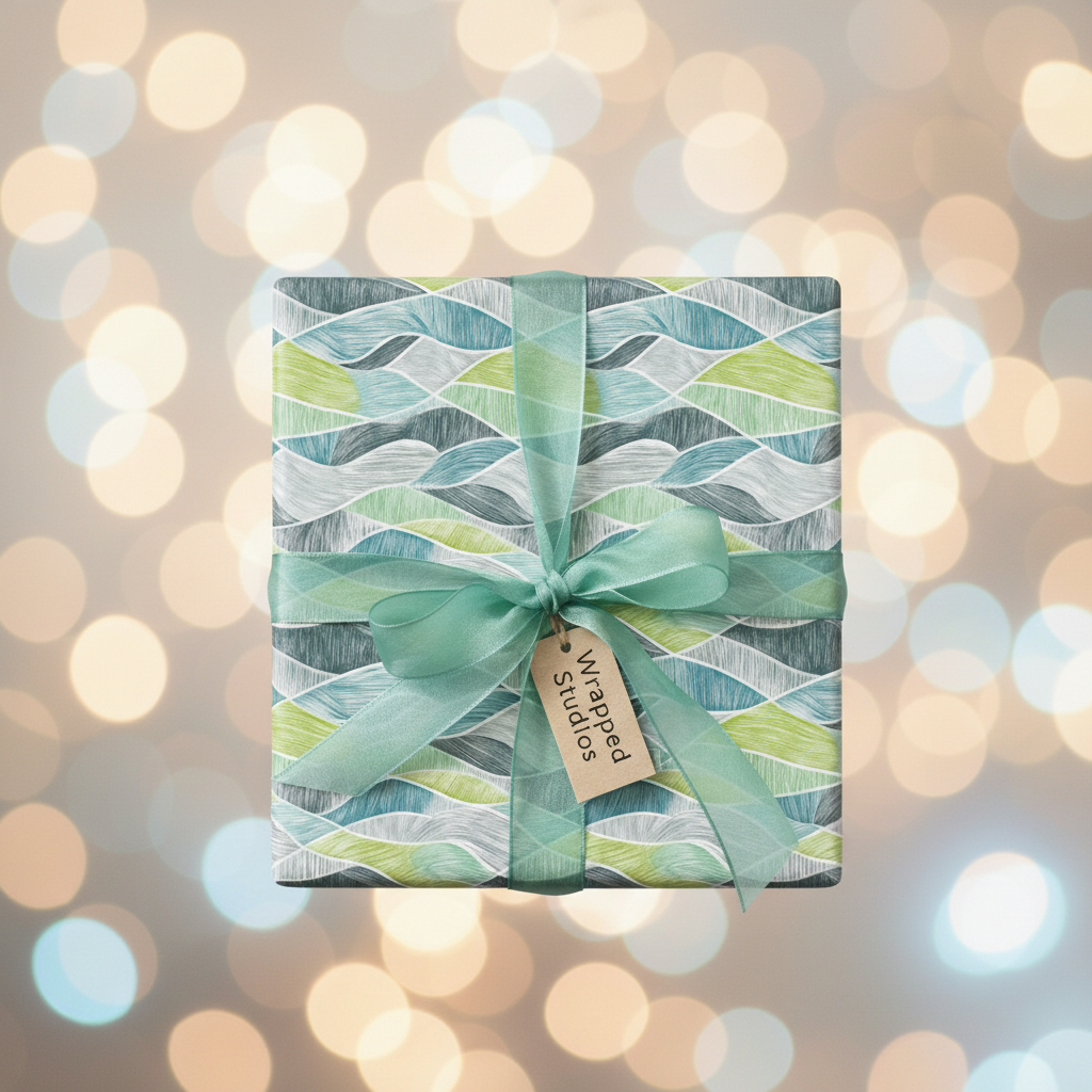 Modern green and blue abstract wave wrapping paper with a sheer mint ribbon and bow, perfect for a sophisticated gift.