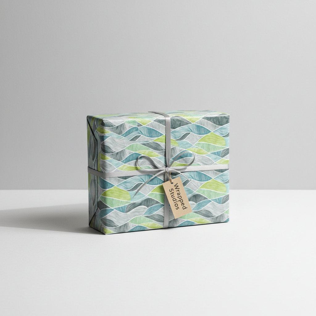 Modern abstract wave pattern wrapping paper with blue and green hues, tied with a gray ribbon and "Wrapped Studios" tag, perfect for any gift.