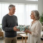 Elegant botanical wrapping paper on a rectangular gift box with a sage green ribbon, exchanged by an older couple in a modern home.