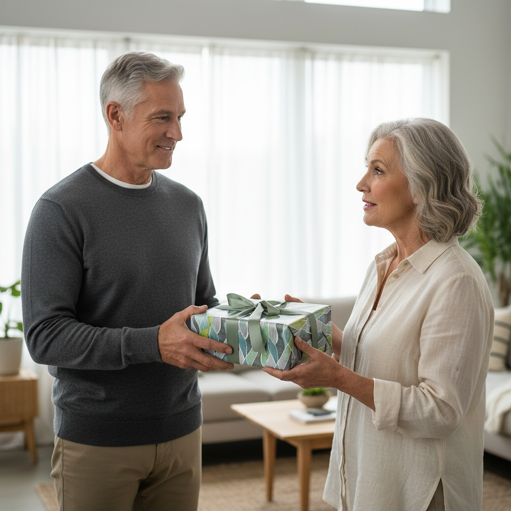 Elegant botanical wrapping paper on a rectangular gift box with a sage green ribbon, exchanged by an older couple in a modern home.