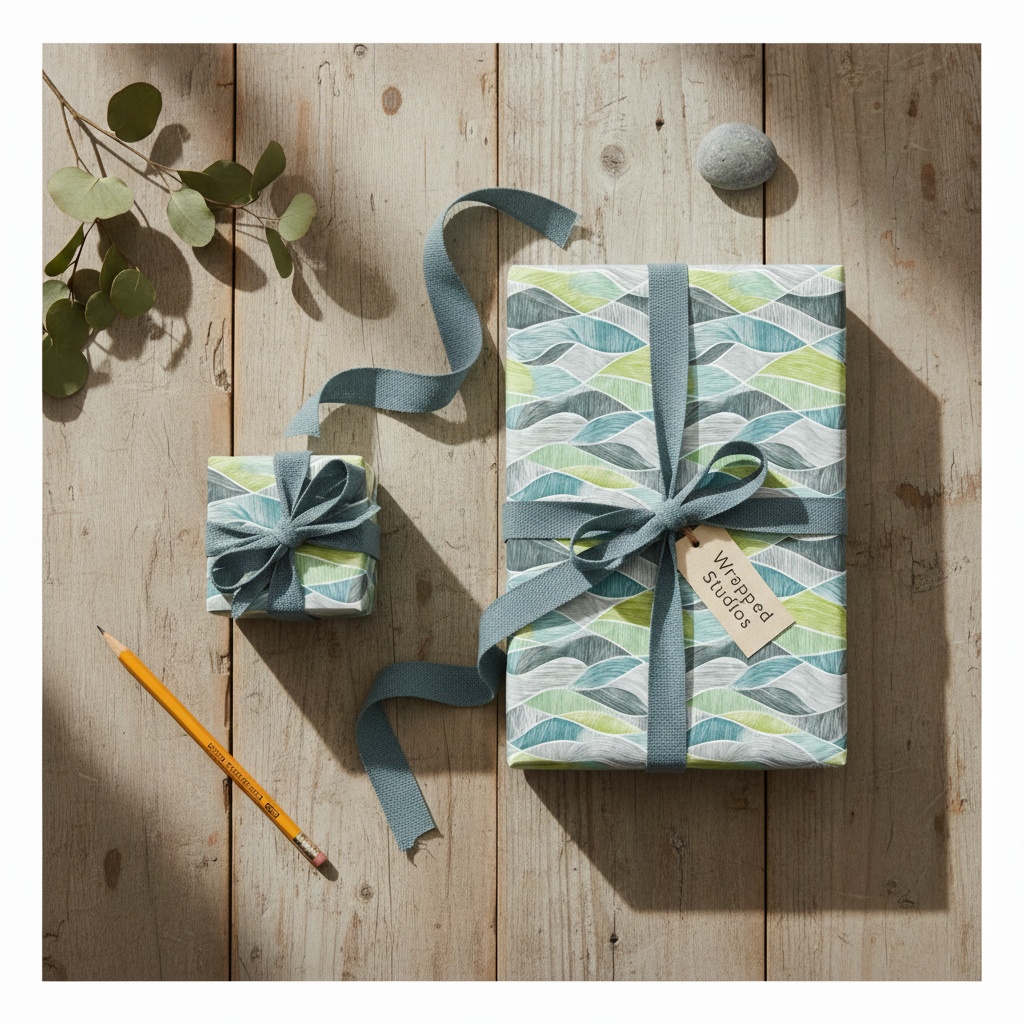 Modern wave pattern gift wrap in green and blue, tied with a blue ribbon, on a rustic wooden table with eucalyptus.