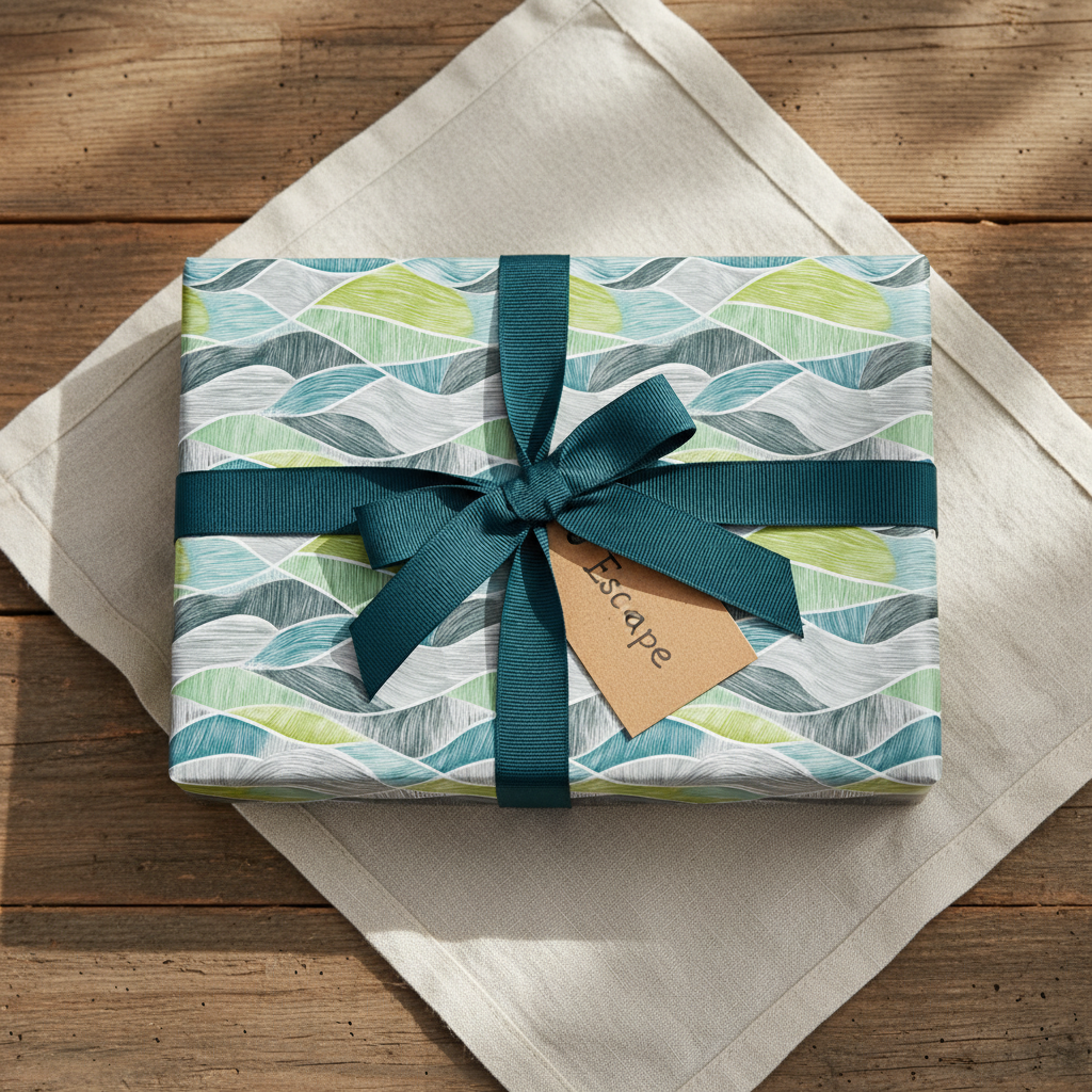 Modern wave pattern wrapping paper in teal, lime green, and grey with a teal ribbon and "Escape" gift tag, on a rustic wood table.