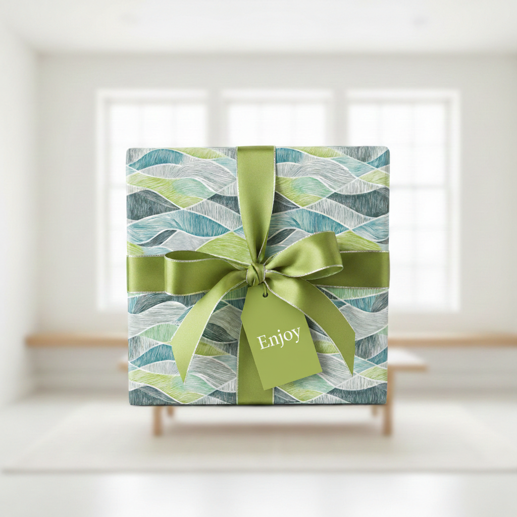 Modern wavy pattern gift wrap in green and blue with a green satin ribbon, bow, and "Enjoy" tag, perfect for any occasion.