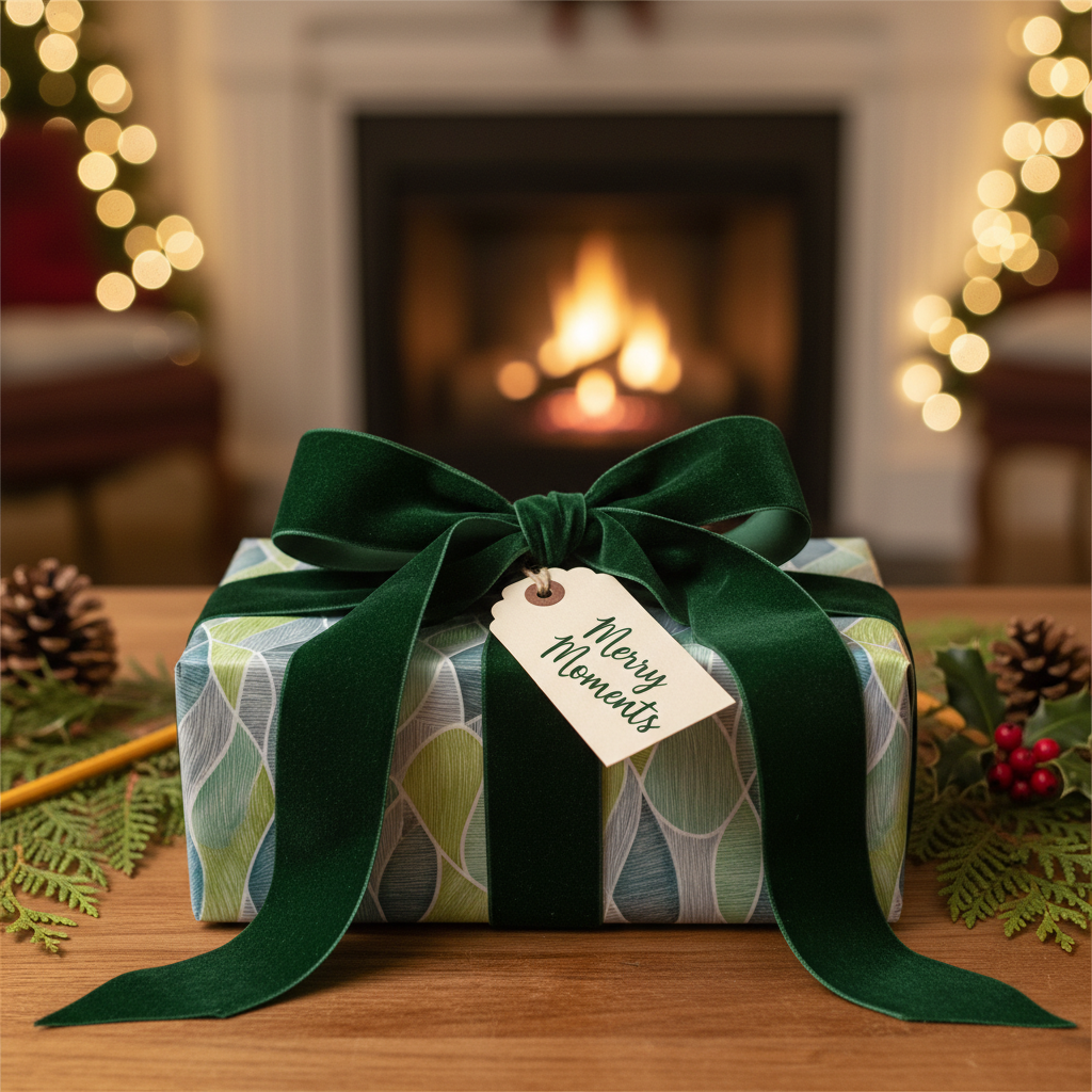 Modern geometric gift wrapping paper in green and blue, tied with a dark green velvet bow and "Merry Moments" tag, on a cozy Christmas hearth.