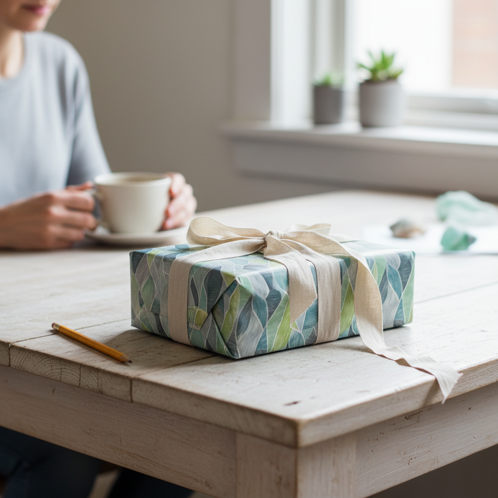 Modern teal and green botanical wrapping paper with a natural linen ribbon, perfect for thoughtful birthday gifts.