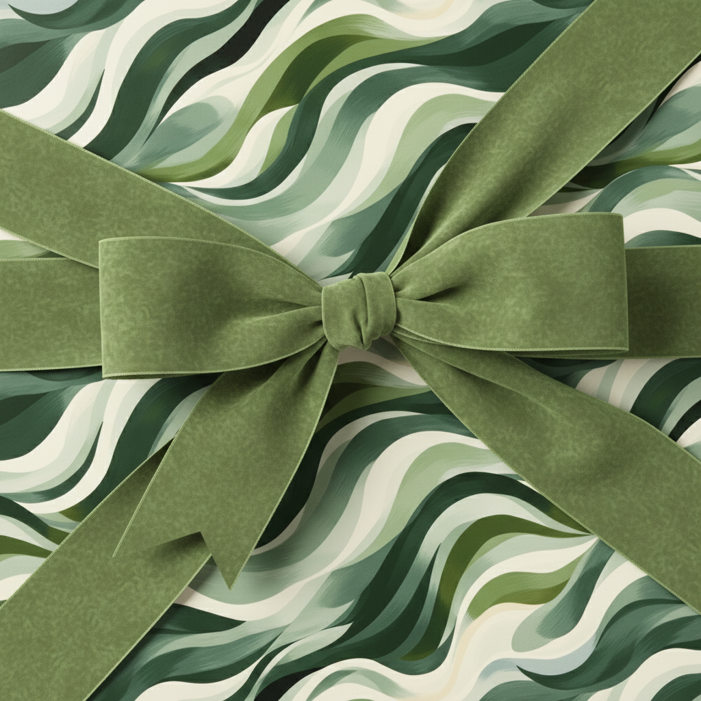 Elegant gift box with green abstract wave wrapping paper and velvet bow. Wrapped Studios.
