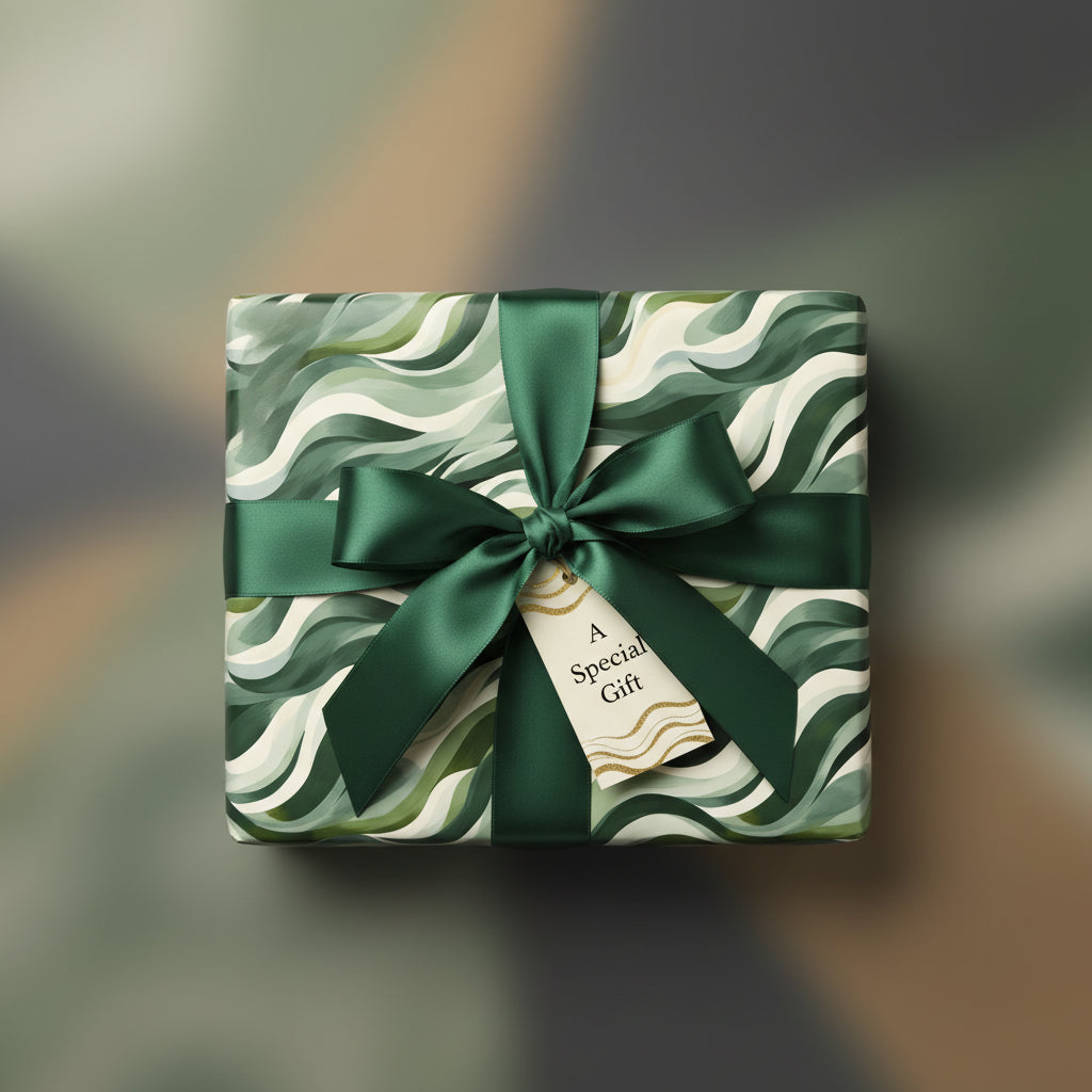 Elegant gift wrapped in modern green wave pattern paper with satin ribbon.