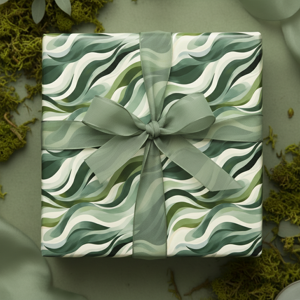 Green wave pattern wrapping paper with sage ribbon from Wrapped Studios.
