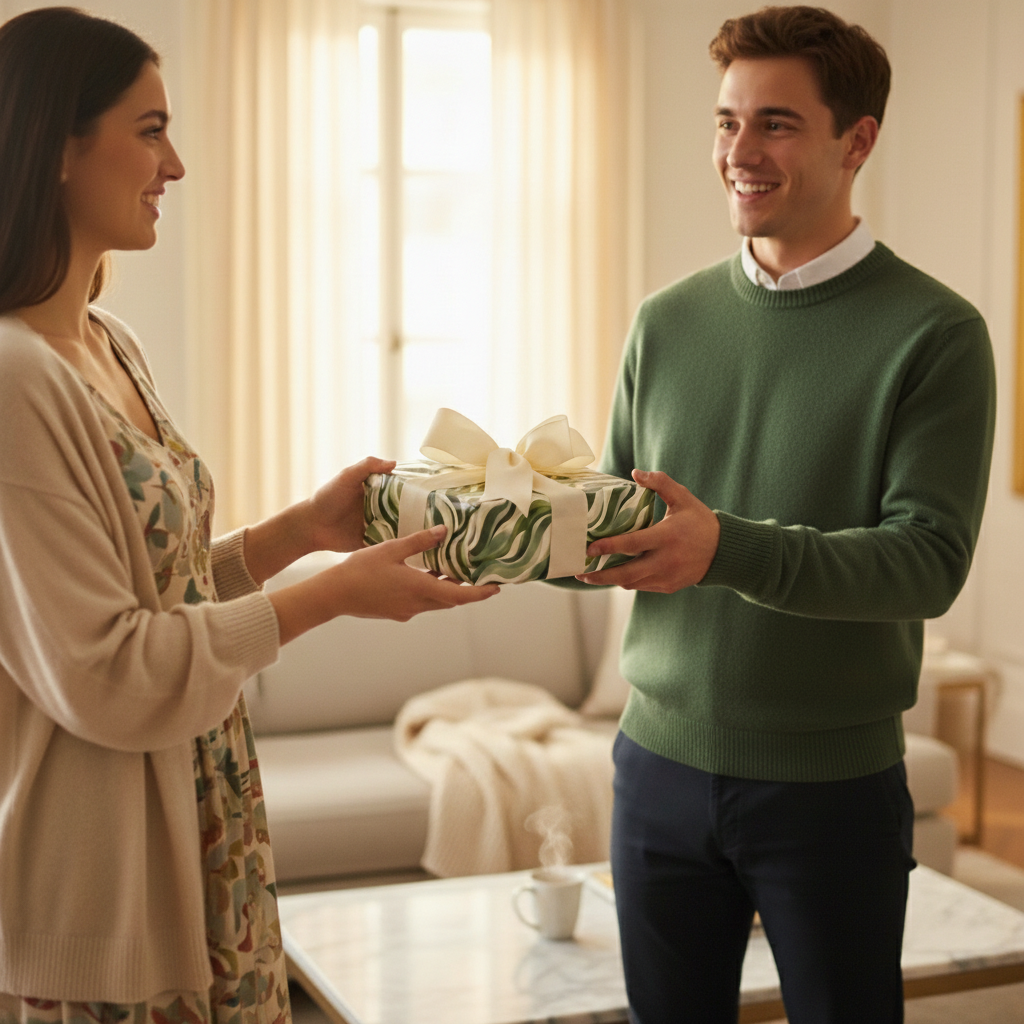 Woman gifts man box wrapped in green leaf pattern wrapping paper and ivory ribbon.