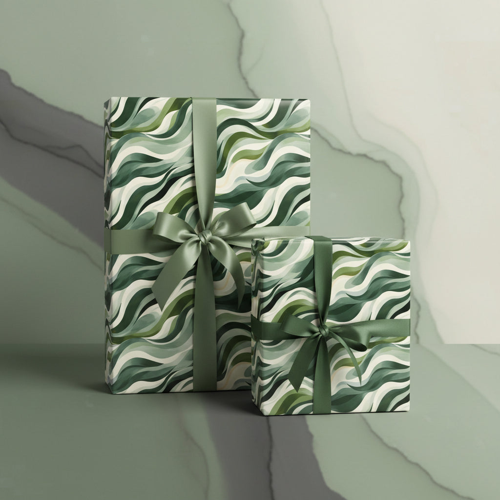 Wrapped presents in modern green wave wrapping paper with satin ribbons.