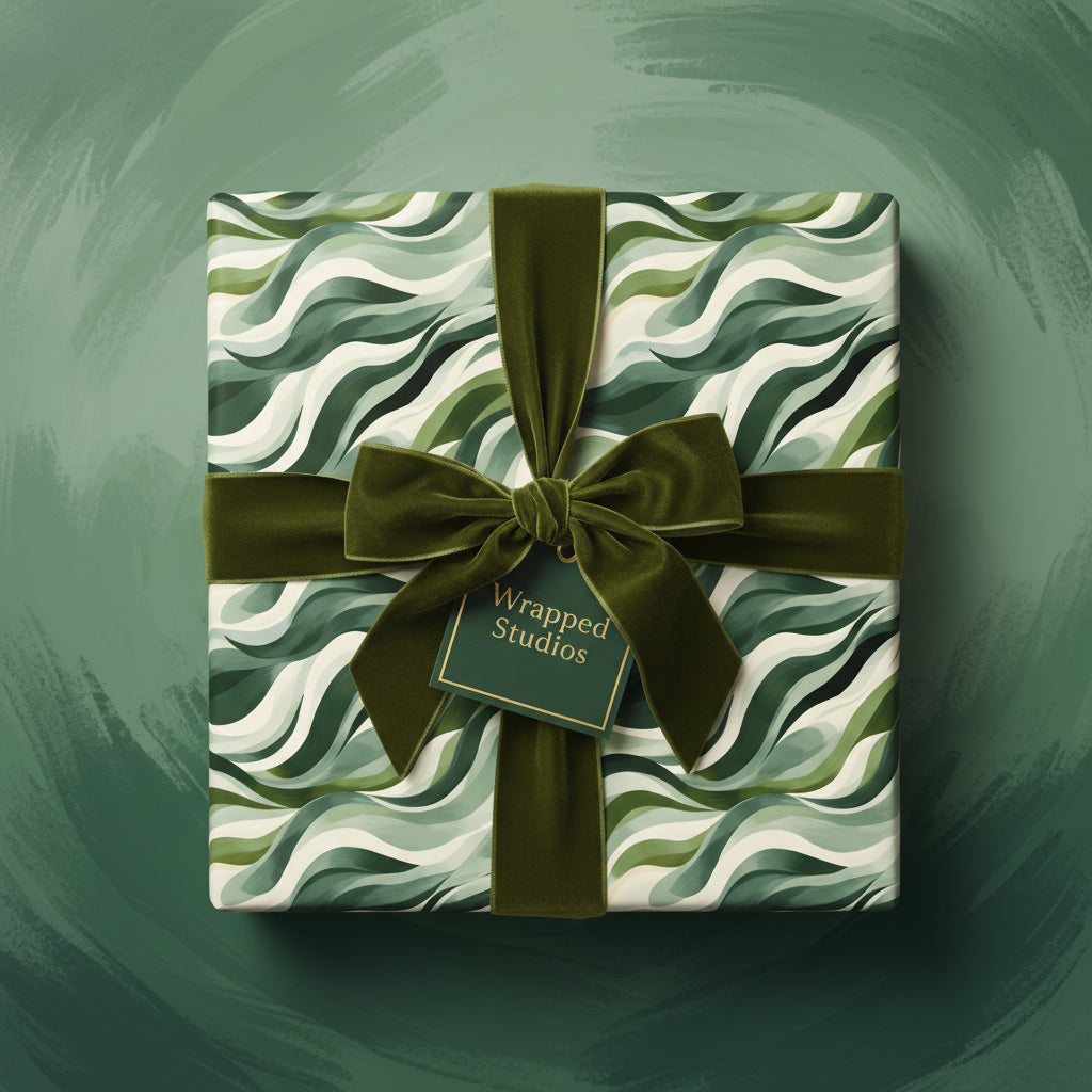Elegant gift wrapped in green wave pattern paper, tied with velvet ribbon from Wrapped Studios.