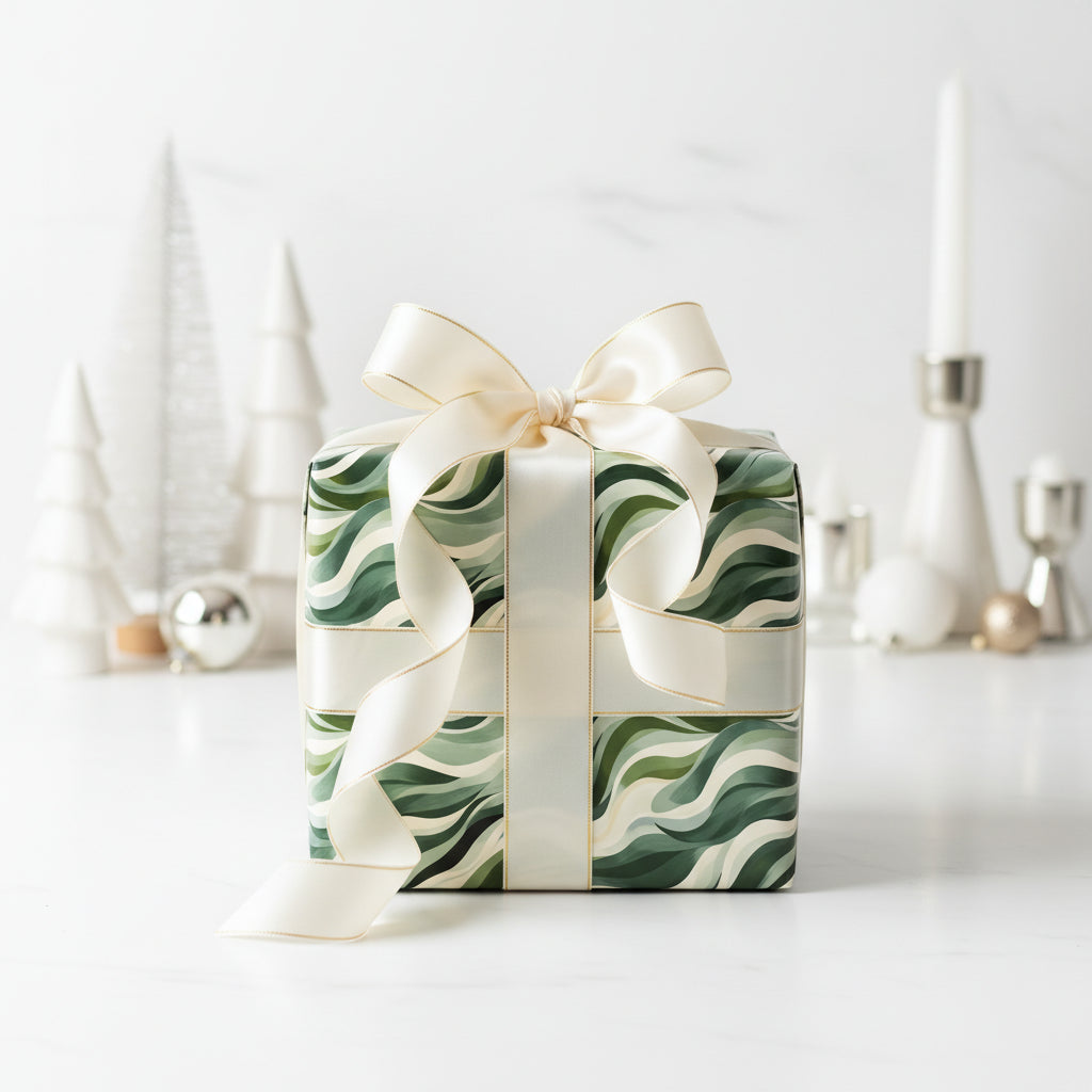 Elegant Christmas gift wrapped in modern green wave paper with satin ribbon.
