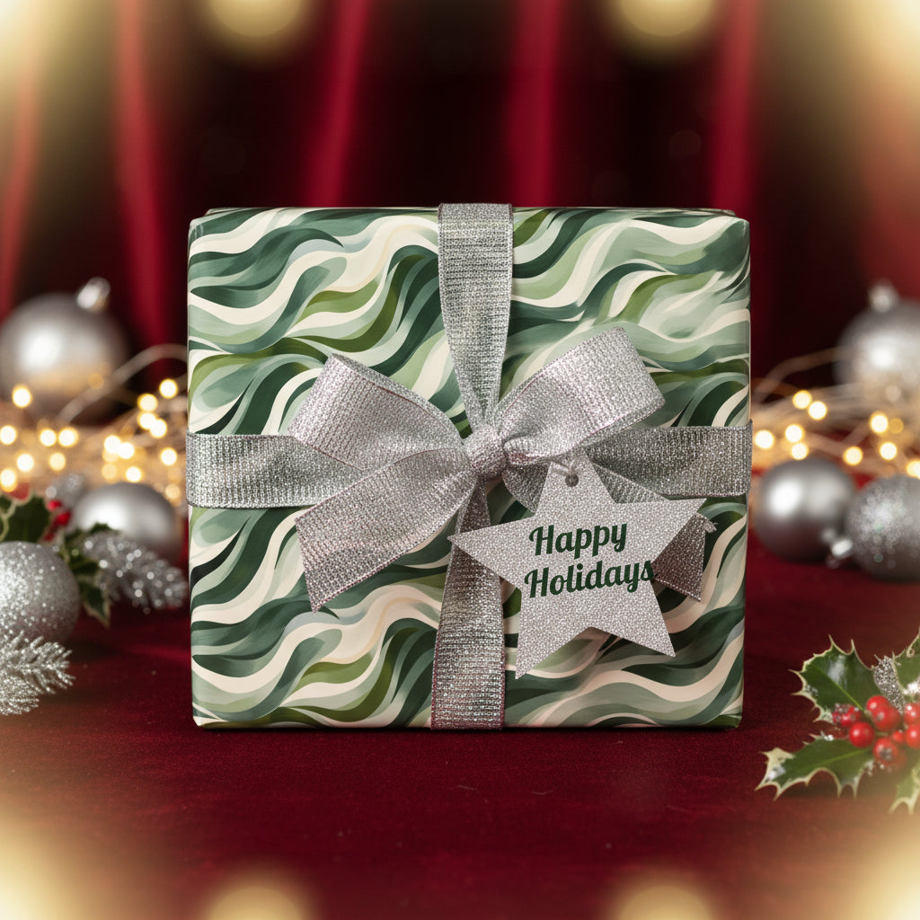 Green wave pattern Christmas gift wrap with silver ribbon bow and "Happy Holidays" tag.