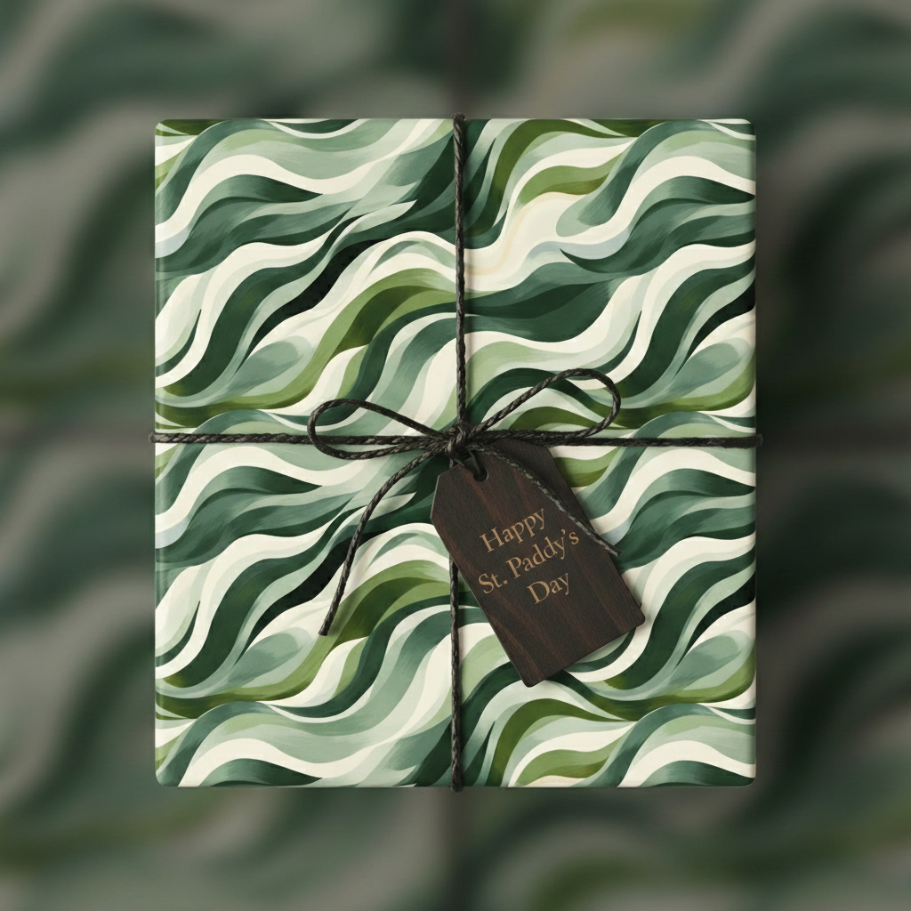 Green wave pattern St. Patrick's Day gift wrap with twine and wood tag from Wrapped Studios.
