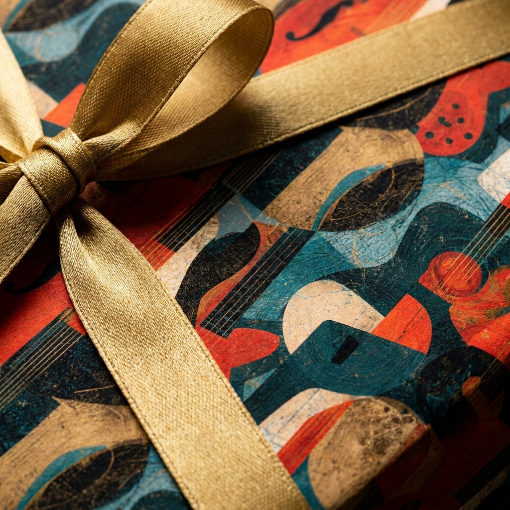 Artistic music themed luxury gift wrap in blue and red with gold ribbon by Wrapped Studios.
