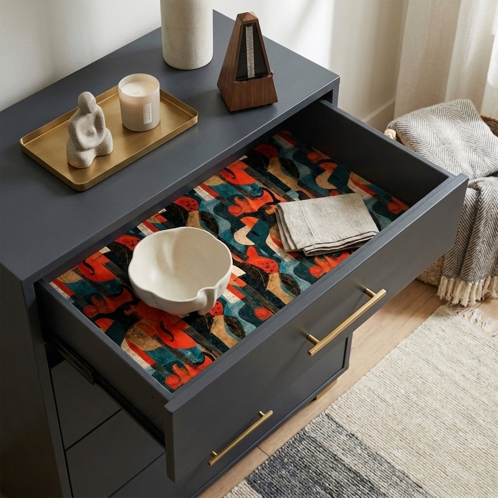 Abstract teal and orange modern wrapping paper lining a dresser drawer, by Wrapped Studios.