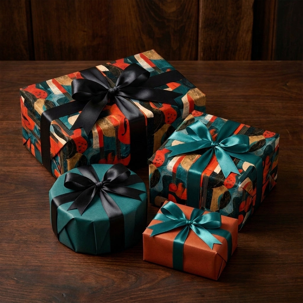 Vintage music wrapping paper and teal gift wrap with satin bows by Wrapped Studios.