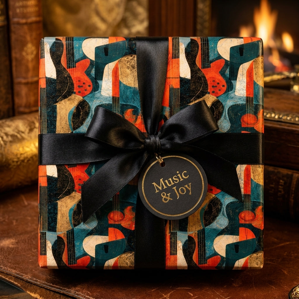 Retro guitar wrapping paper with a black satin bow and 'Music & Joy' gift tag by Wrapped Studios.
