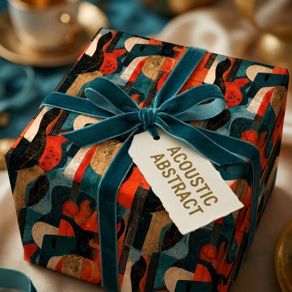 Retro guitar wrapping paper with teal velvet bow on a gift box by Wrapped Studios.