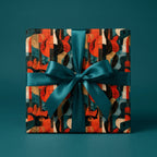 Vintage guitar wrapping paper on a gift box with a teal satin bow, by Wrapped Studios.