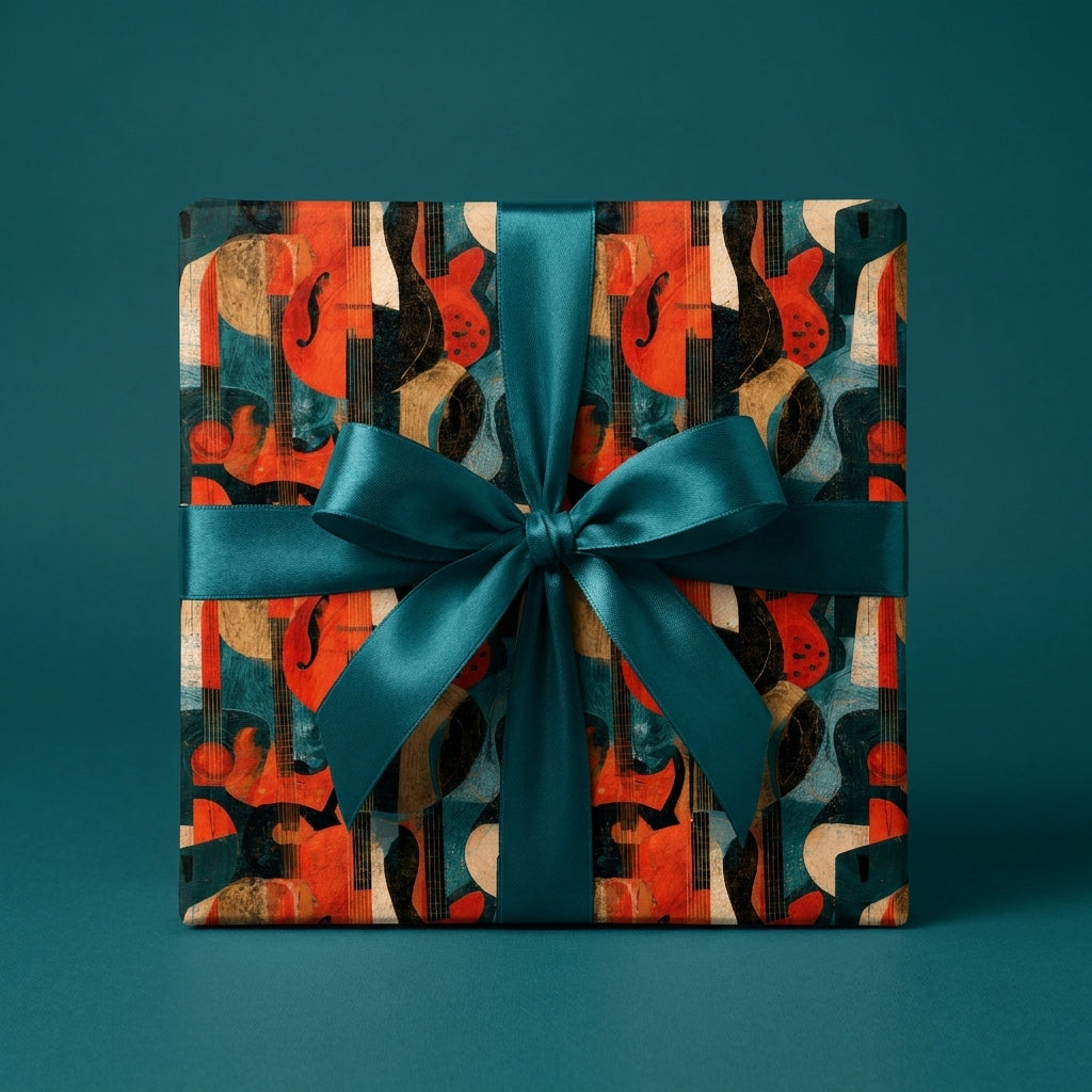 Vintage guitar wrapping paper on a gift box with a teal satin bow, by Wrapped Studios.