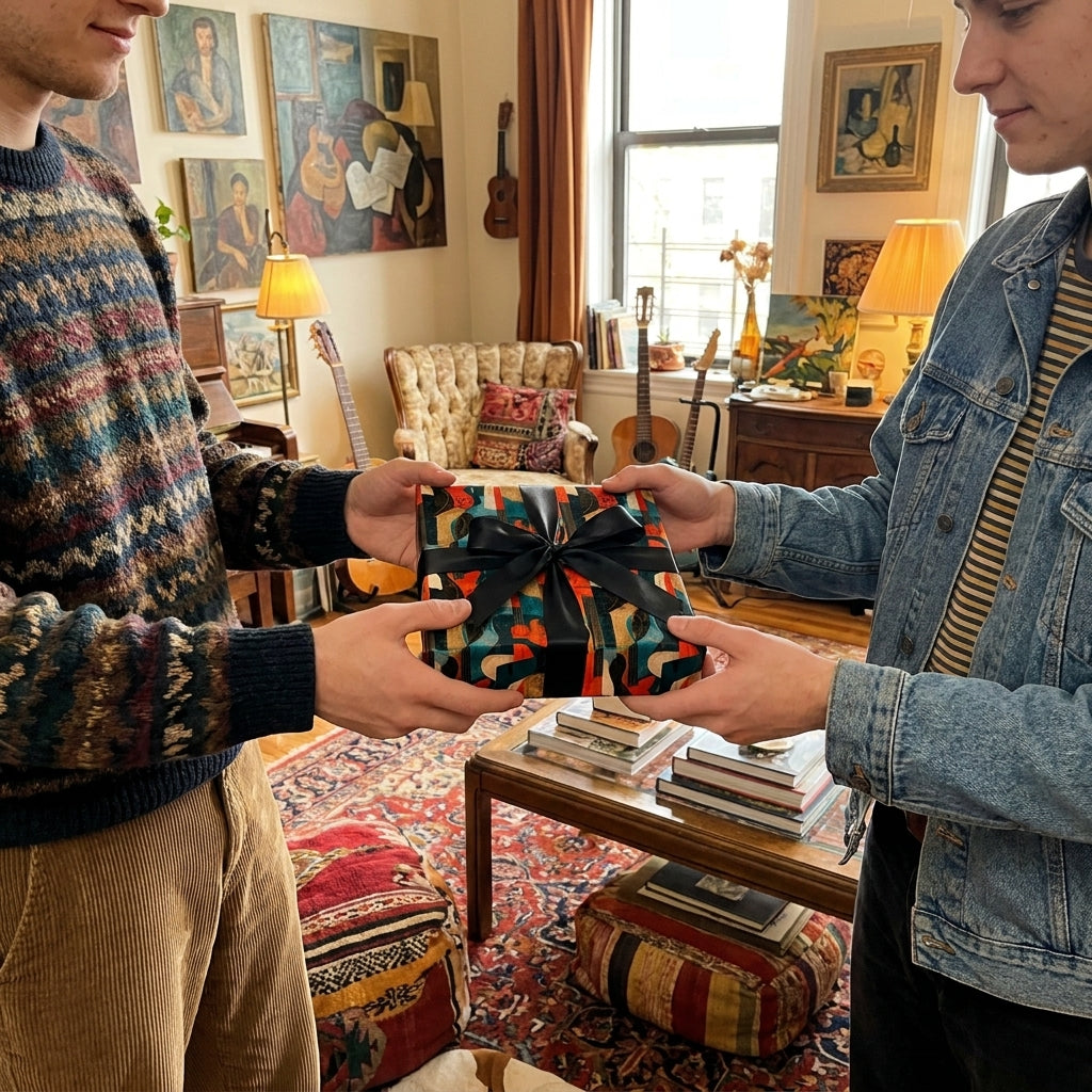 Two friends exchange a gift in artistic retro wrapping paper with a black bow by Wrapped Studios.