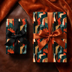 Teal and orange retro guitar wrapping paper on luxury gift boxes by Wrapped Studios.