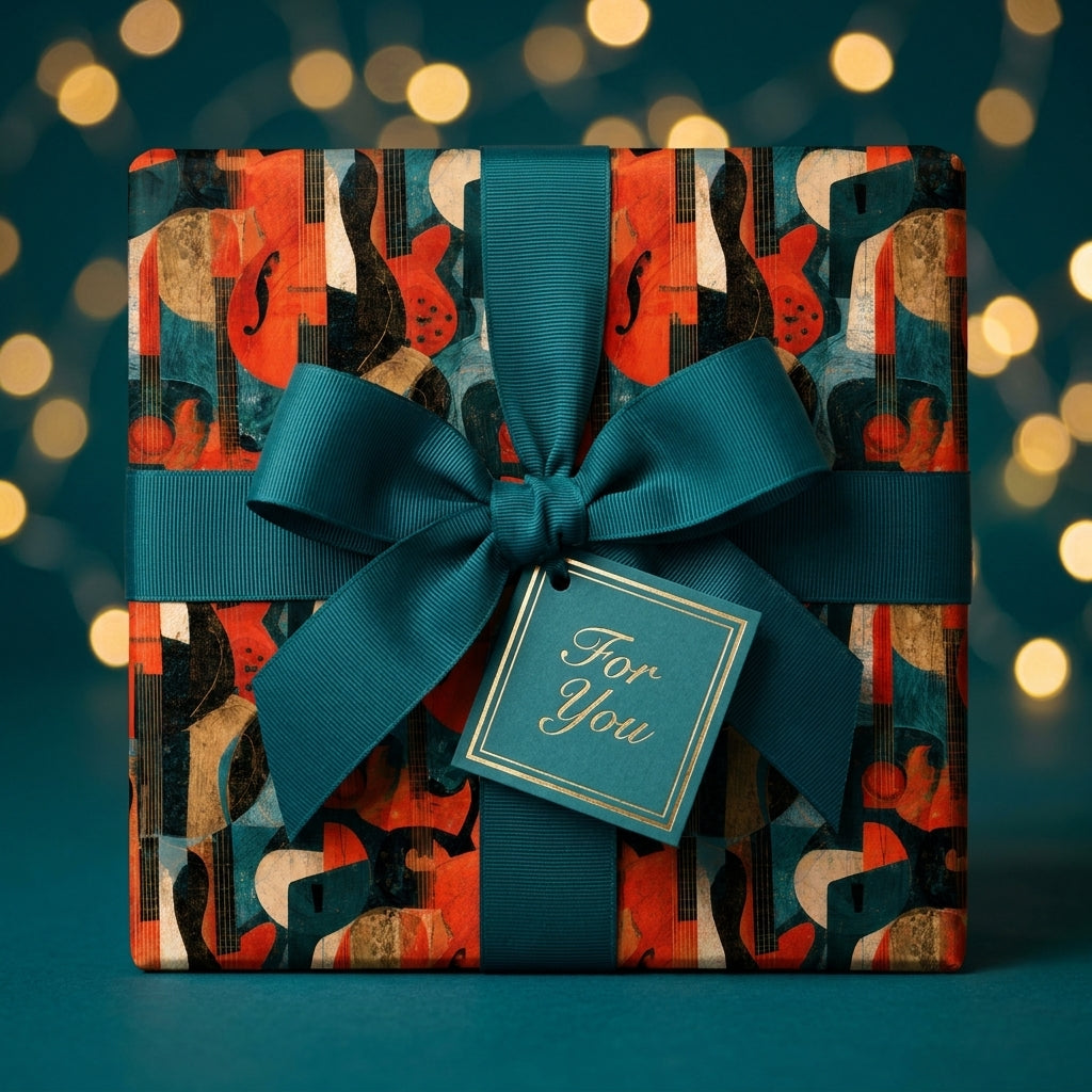 Retro guitar wrapping paper with a teal ribbon and gift tag by Wrapped Studios, perfect for music lovers.