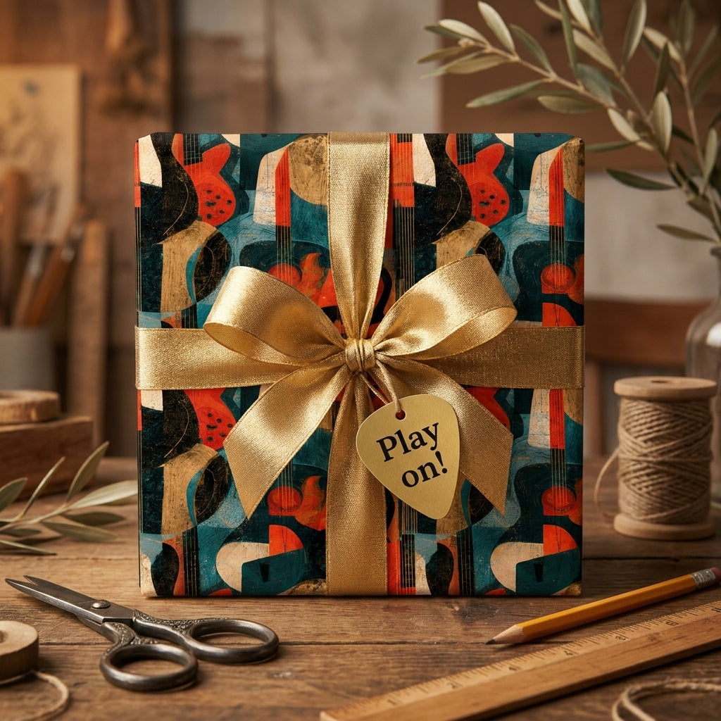 Retro guitar wrapping paper with a shiny gold bow on a gift box, music gift wrap by Wrapped Studios.