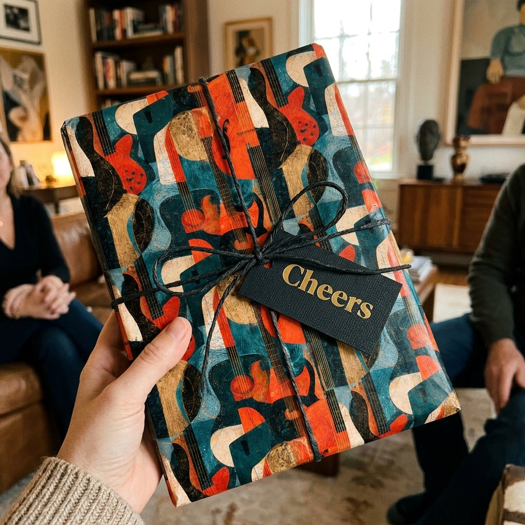 Retro guitar wrapping paper by Wrapped Studios on a gift with a black Cheers tag.