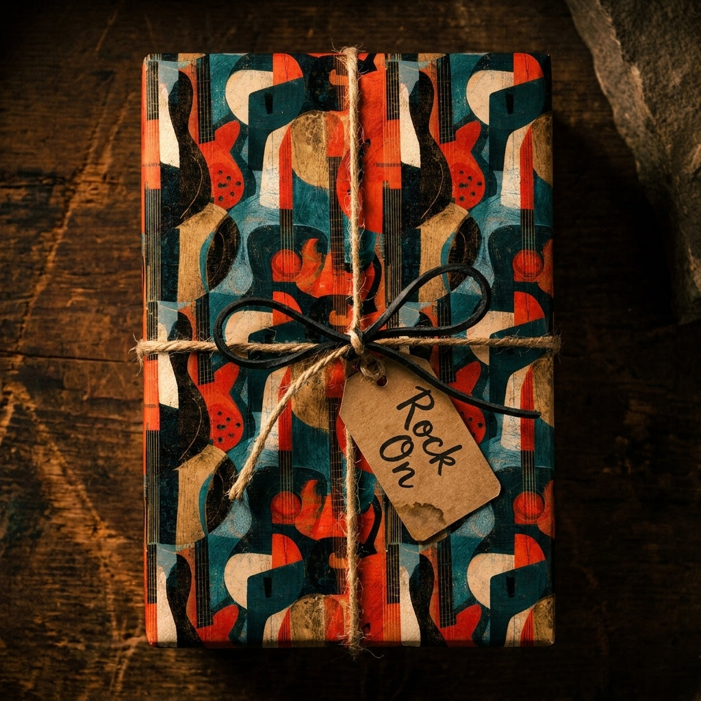 Retro guitar wrapping paper with a "Rock On" tag on a rustic gift box by Wrapped Studios.