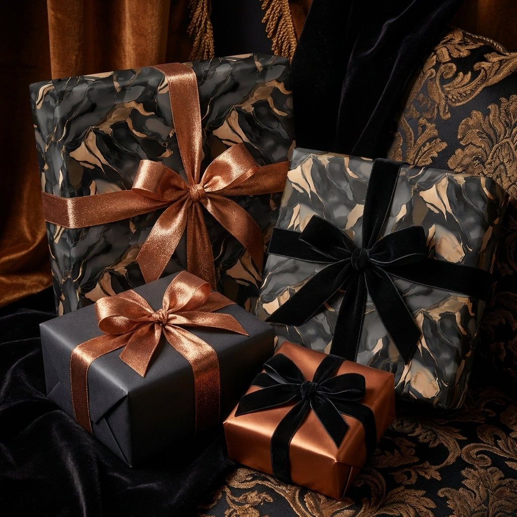 Elegant black & gold gifts wrapped in luxury wrapping paper, tied with velvet and satin ribbon bows.