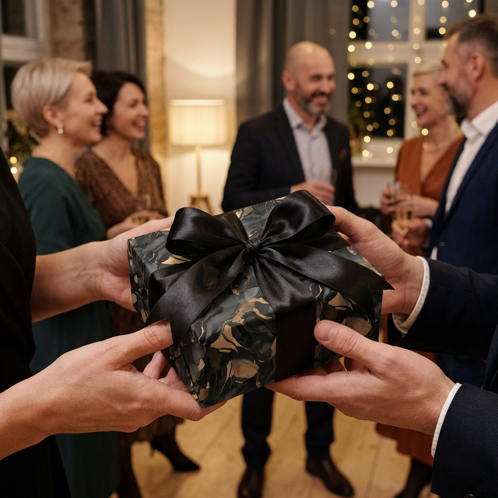People exchanging a gift wrapped in abstract print paper with black satin ribbon. Wrapped Studios.