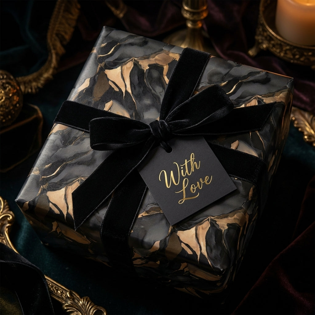 Elegant gift wrapped in black and gold marble paper with black velvet ribbon and "With Love" tag.