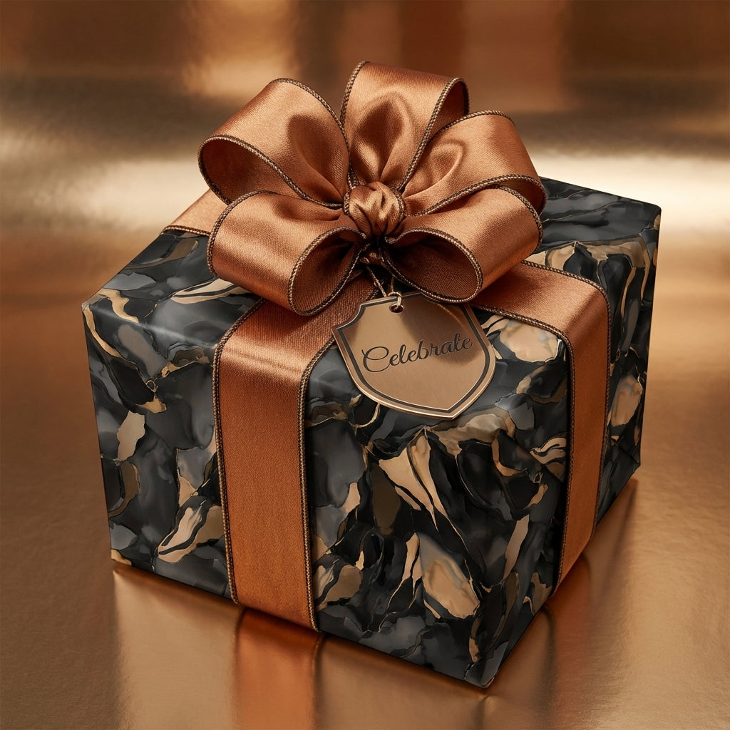 Elegant gift wrapped in black and gold modern wrapping paper, with a satin bow.