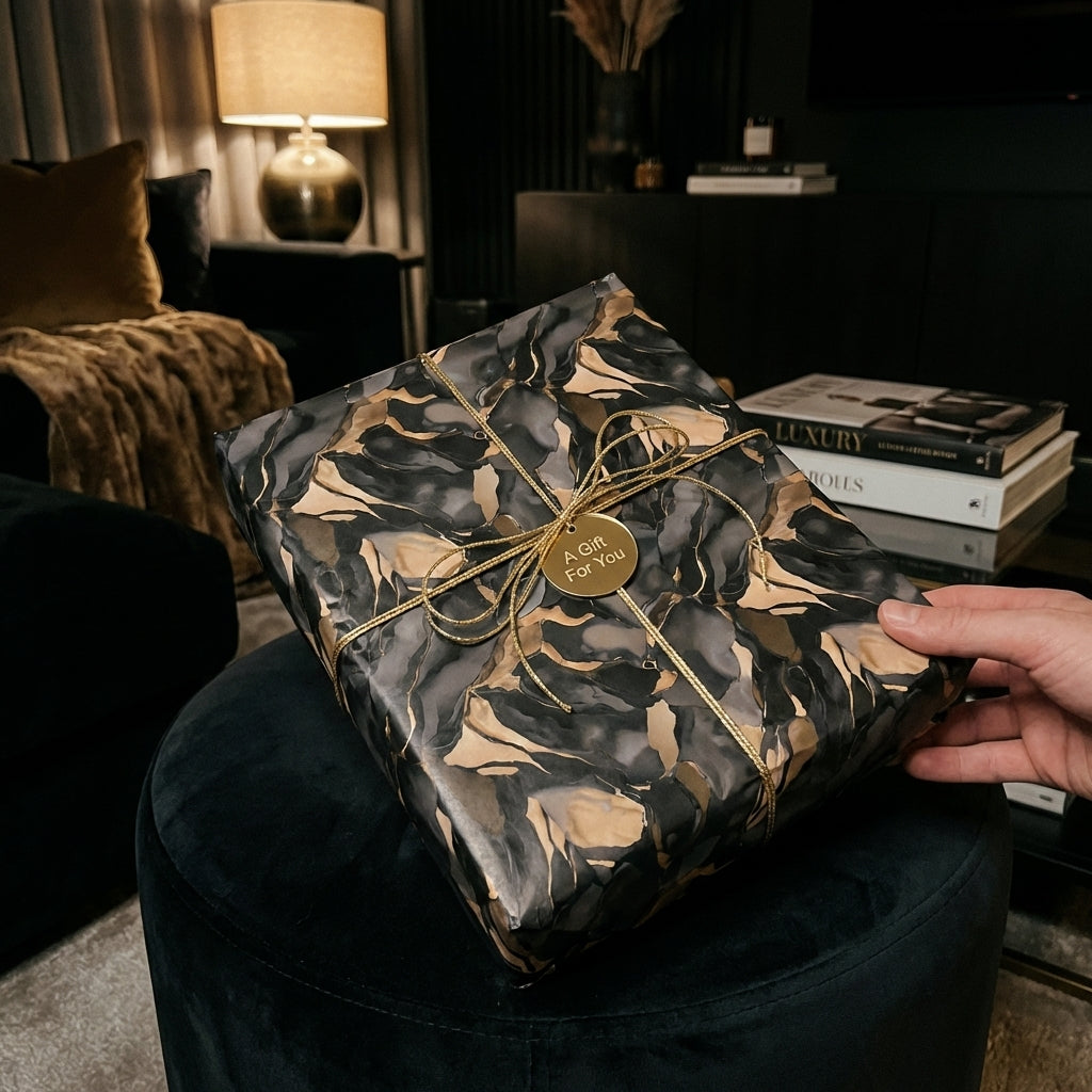 Elegant gift wrapped in black and gold marbled paper with gold ribbon from Wrapped Studios.