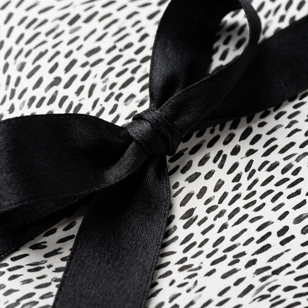 Minimalist black and white wrapping paper with a dash pattern and black satin bow by Wrapped Studios.