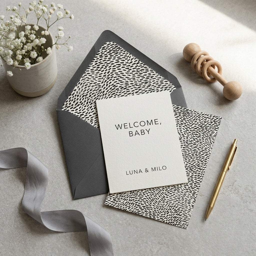 Minimalist welcome baby card with modern black and white pattern and gray envelope by Wrapped Studios.