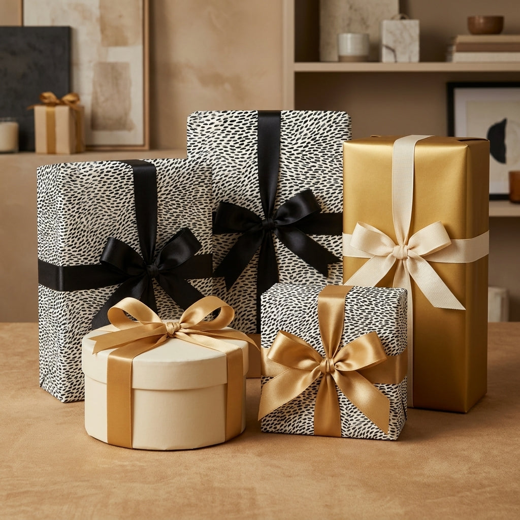 Modern black and white spotted wrapping paper and luxury gold gift wrap with satin bows by Wrapped Studios.