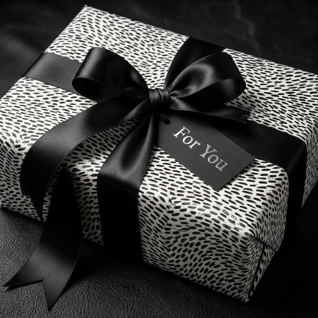 Modern black and white spotted wrapping paper with a luxury satin bow on a gift box by Wrapped Studios.