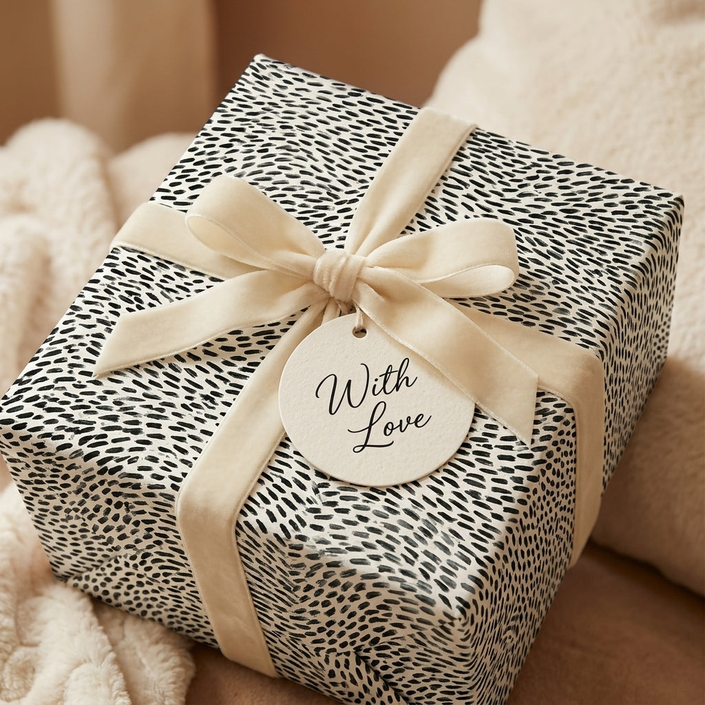 Minimalist black and white wrapping paper with a cream velvet bow and gift tag by Wrapped Studios.
