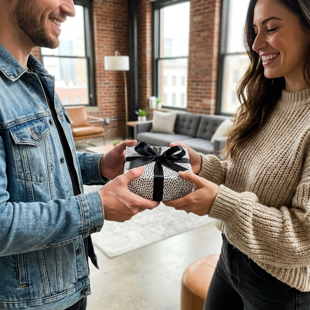 Smiling couple with gift in modern black and white dotted wrapping paper and black bow, by Wrapped Studios.