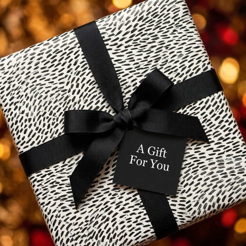 Modern black and white wrapping paper with a black bow on a luxury holiday gift box by Wrapped Studios.