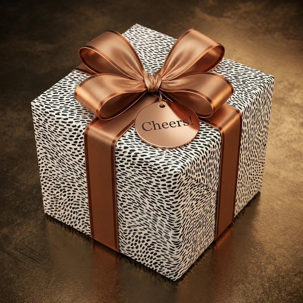 Modern black and white spotted wrapping paper with a luxury copper bow and Cheers tag by Wrapped Studios.