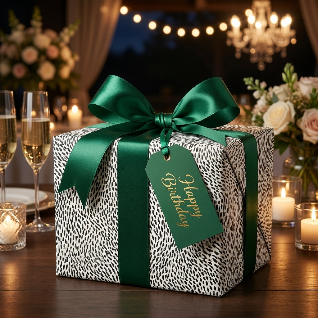 Luxury black and white patterned birthday wrapping paper with a green satin ribbon by Wrapped Studios.