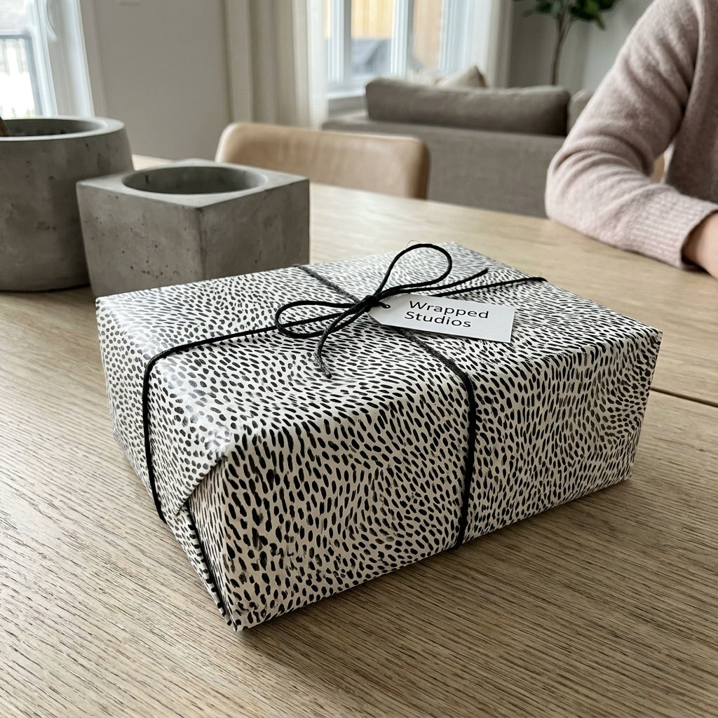Minimalist black and white speckled wrapping paper on a gift box with black twine by Wrapped Studios.