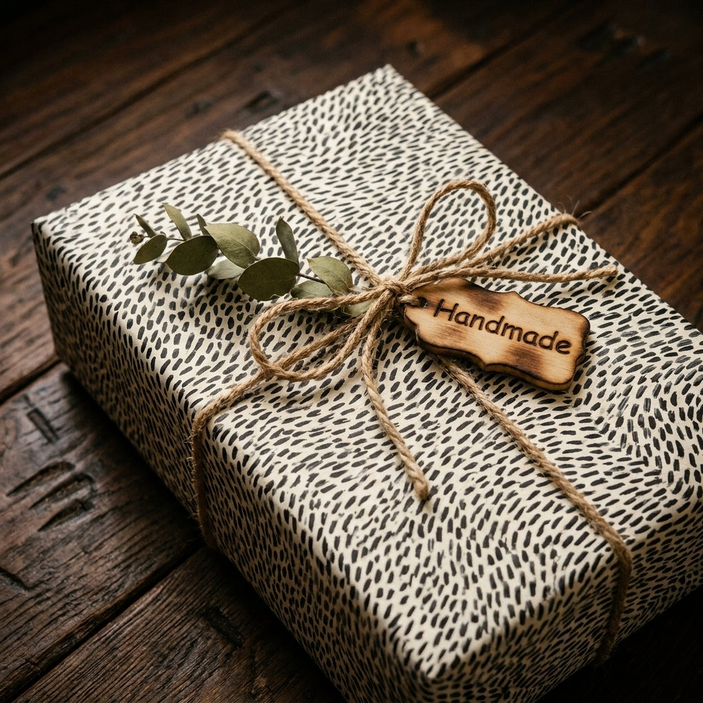 Modern black and white dash wrapping paper by Wrapped Studios, tied with rustic twine and eucalyptus.